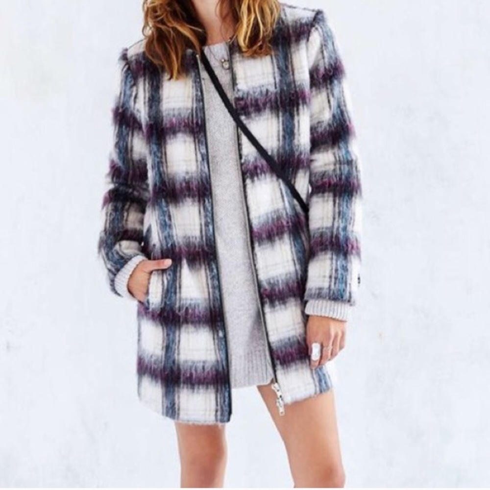 Kimchi Blue Plaid Coat in White, Blue & Purple
